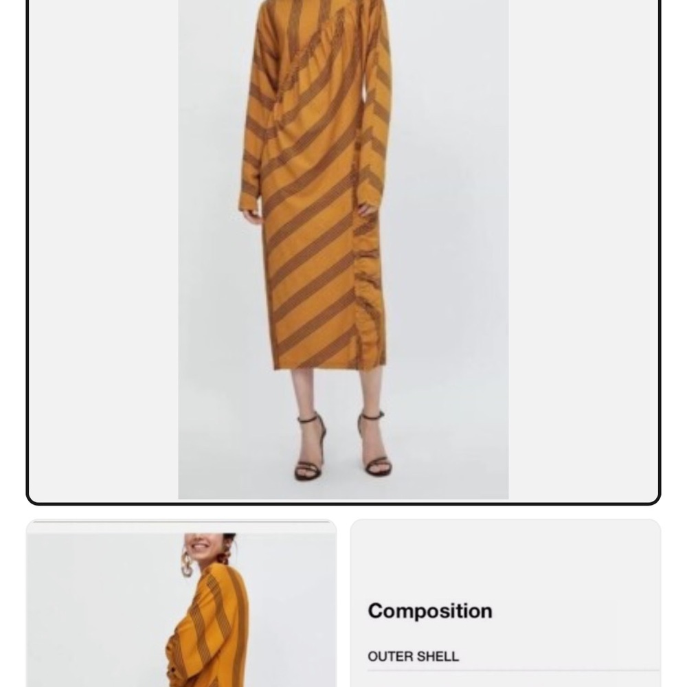 ZARA Mustard Stripe Midi Dress | Textured Knit Ruched Detail | Size S